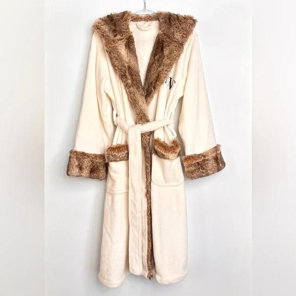 Pottery Barn Ombré Cream & Brown Faux Fur Trim Women’s Plush Bath Robe M - Picture 4 of 13